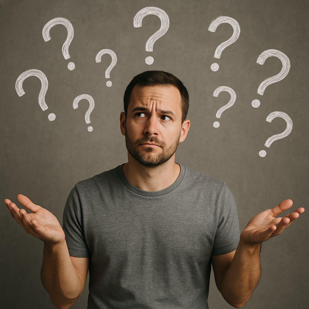 Human weighing up their options question marks surrounding him-3