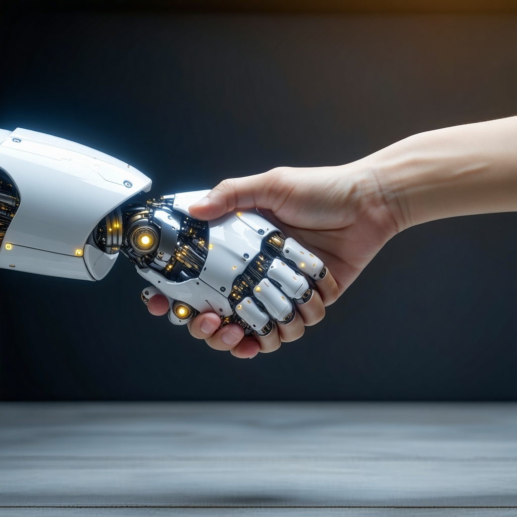 Robot shaking hand with human zoomed in on hands